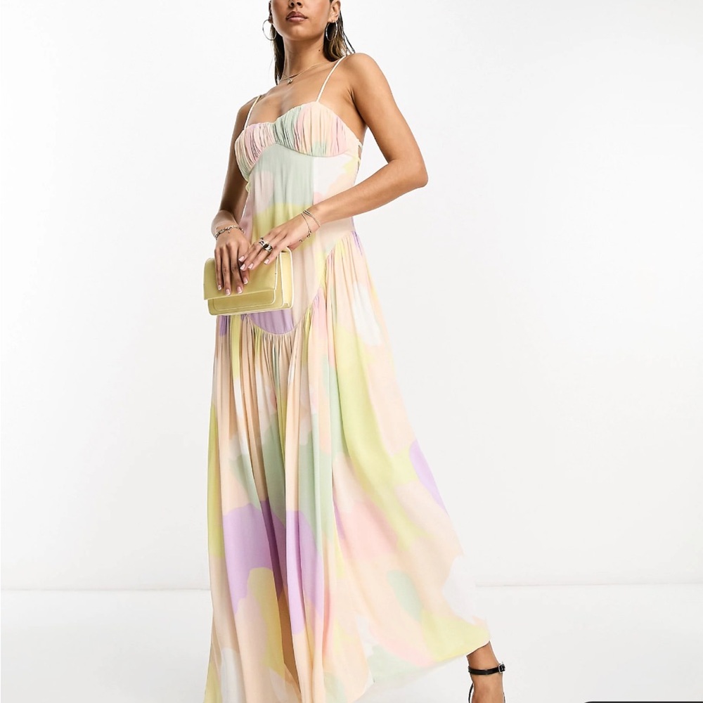ruched bust backless cami maxi dress with dropped hem in abstract print